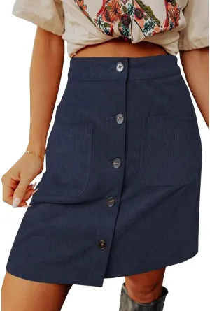 Womens Corduroy Skirts Casual High Waisted Button Down Midi Skirt Loose Solid Color A Line Short Skirt with Pockets