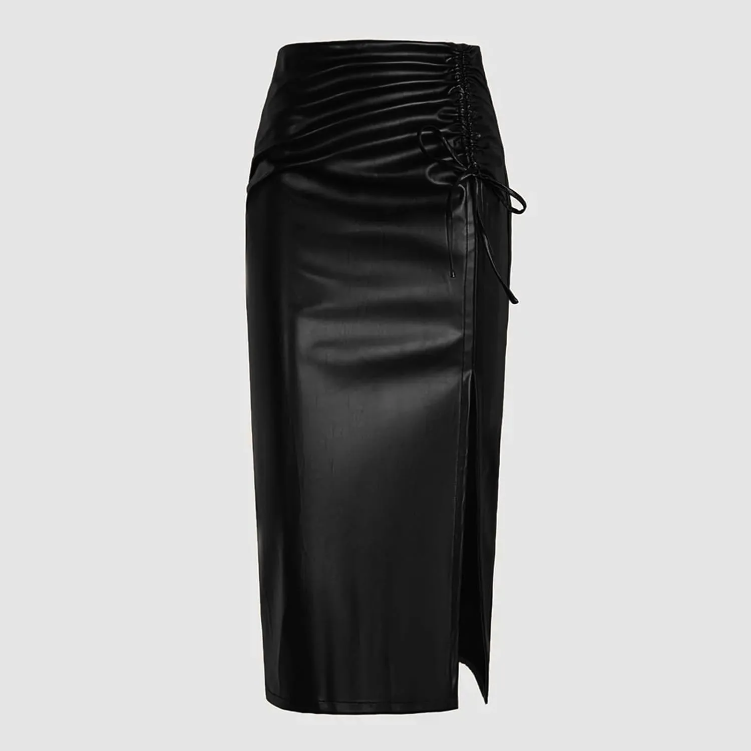 Women's High Waist Faux Leather Pencil Skirts Casual Asymmetrical Side Slit Work Going Out Bodycon Midi Skirt