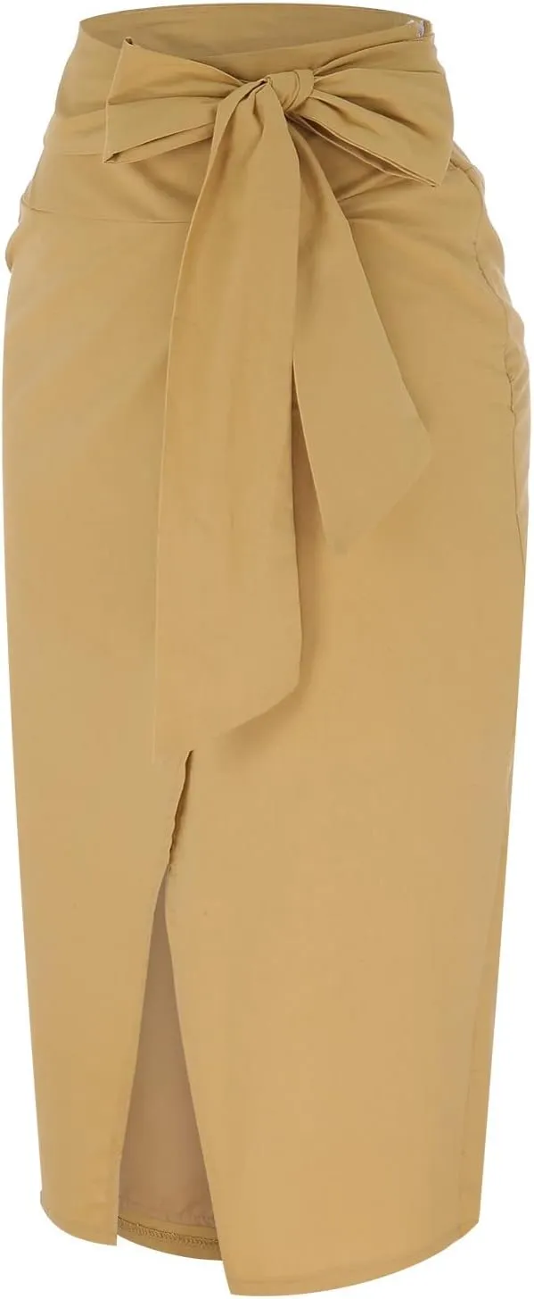 Womens High Waisted Tie Wrap Midi Skirts Chic Side Slit Plain Casual Summer Long Skirt Two Piece Skirt