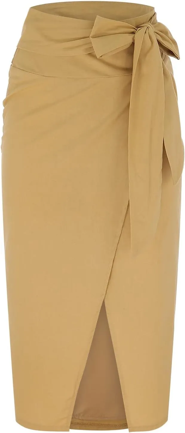 Womens High Waisted Tie Wrap Midi Skirts Chic Side Slit Plain Casual Summer Long Skirt Two Piece Skirt