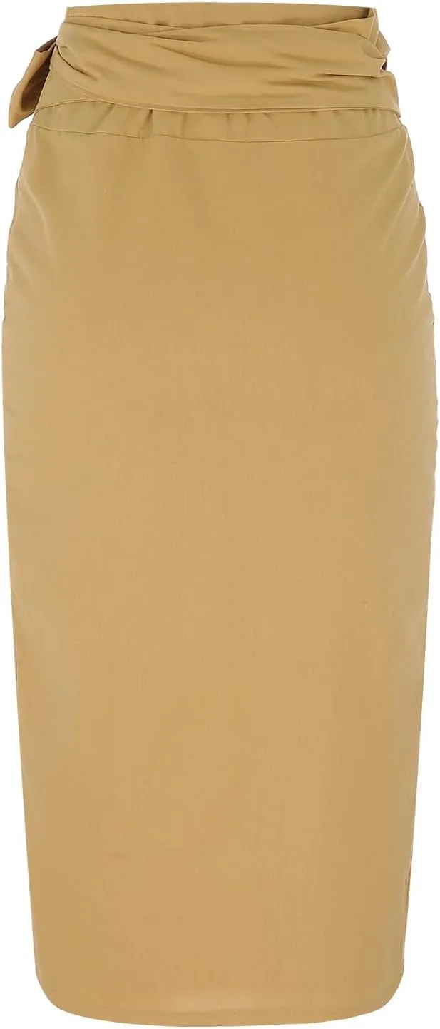 Womens High Waisted Tie Wrap Midi Skirts Chic Side Slit Plain Casual Summer Long Skirt Two Piece Skirt