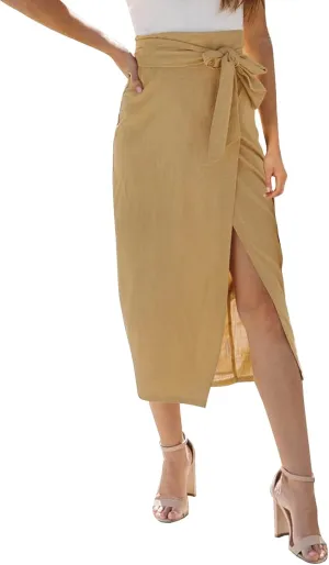 Womens High Waisted Tie Wrap Midi Skirts Chic Side Slit Plain Casual Summer Long Skirt Two Piece Skirt