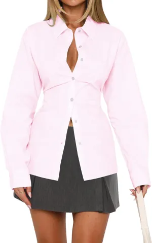 Womens Long Sleeve Button Down Shirt Tie Back Lapel Collar Blouse Work Casual Dressy Lightweight Tunic Shirt