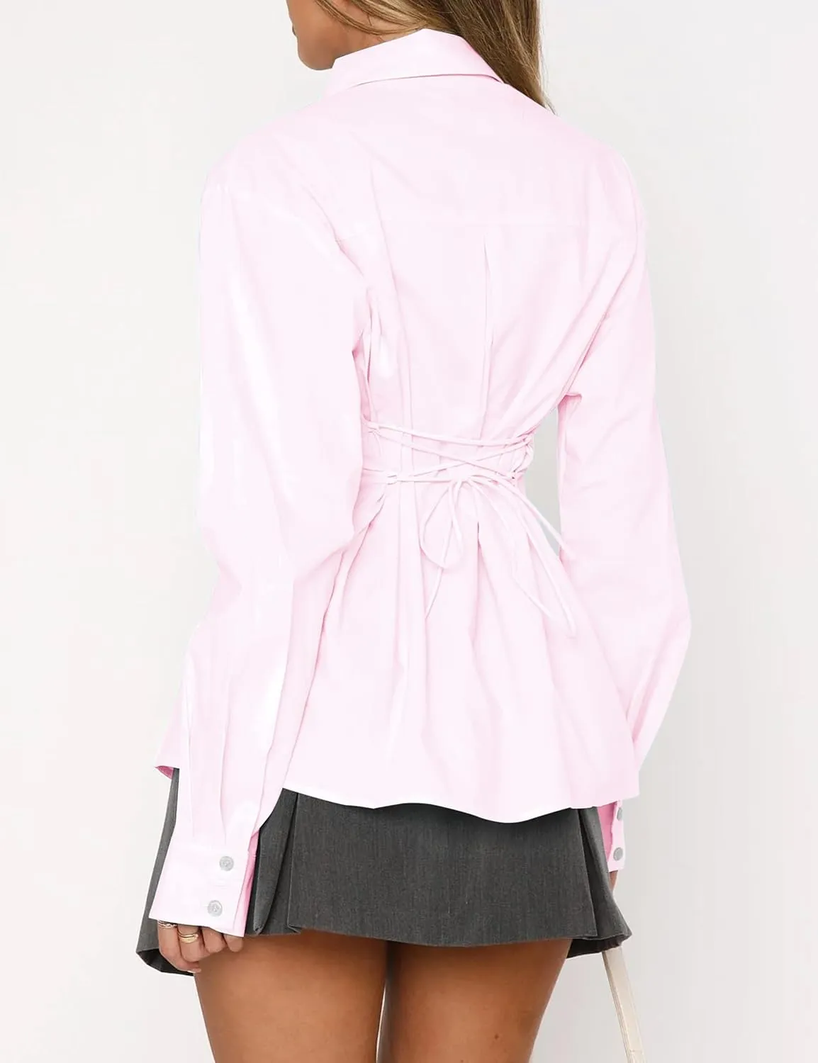 Womens Long Sleeve Button Down Shirt Tie Back Lapel Collar Blouse Work Casual Dressy Lightweight Tunic Shirt
