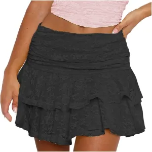 Womens Mini Skirts Summer Mesh Lace Elastic High Waisted Coke Skirt Fashion Ruffle Hem Tiered A Line Short Skirts