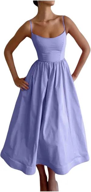 Women's Sexy Low Cut Spaghetti Strap Long Dresses Casual Sleeveless Trendy Slimd Midi Dress Square Neck Bustier Dress