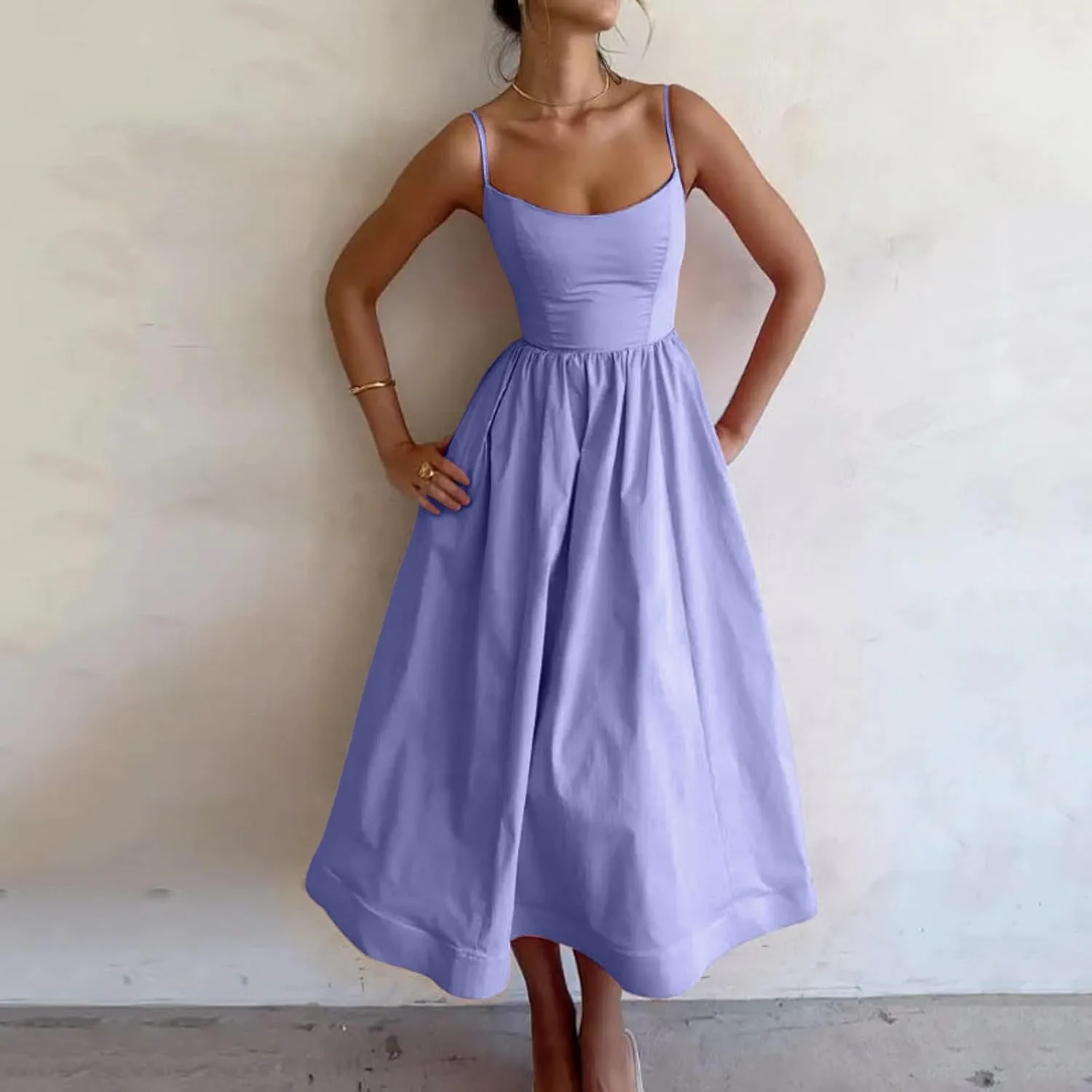 Women's Sexy Low Cut Spaghetti Strap Long Dresses Casual Sleeveless Trendy Slimd Midi Dress Square Neck Bustier Dress