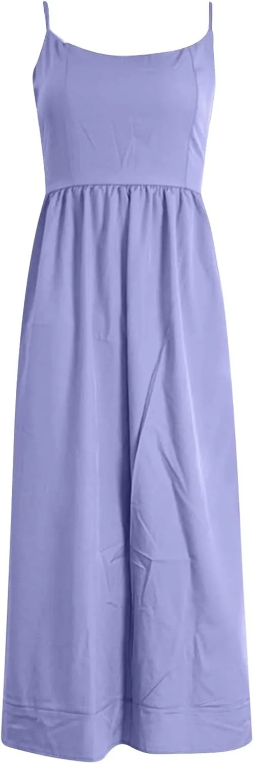 Women's Sexy Low Cut Spaghetti Strap Long Dresses Casual Sleeveless Trendy Slimd Midi Dress Square Neck Bustier Dress