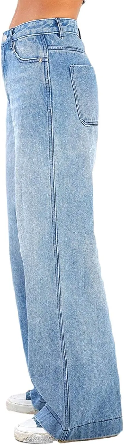Women's Straight Leg Jeans High Waist Wide-Leg Jeans Side Pocket Vintage Baggy Denim Pants Streetwear