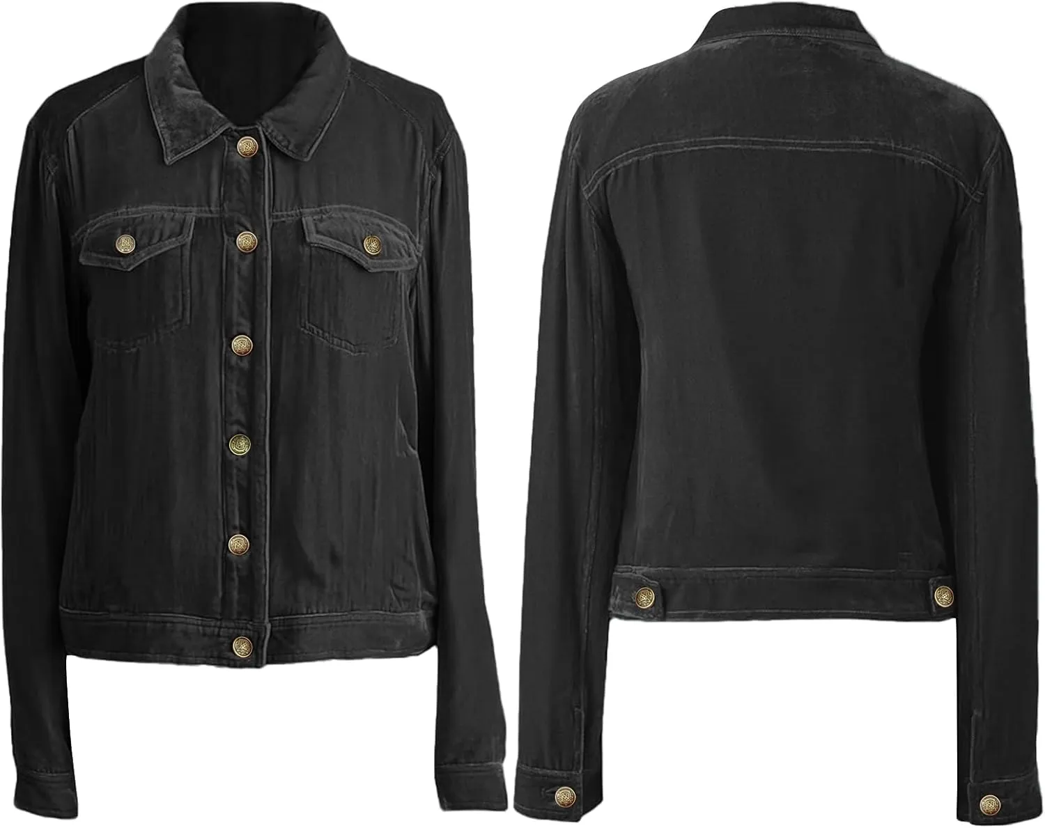 Xaspee Women's Casucal Button Down Velvet Jackets Cropped Long Sleeve Retro Denim-Style Velour Jackets