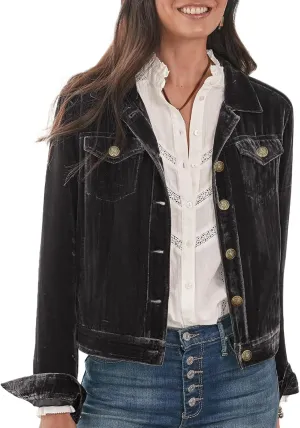 Xaspee Women's Casucal Button Down Velvet Jackets Cropped Long Sleeve Retro Denim-Style Velour Jackets
