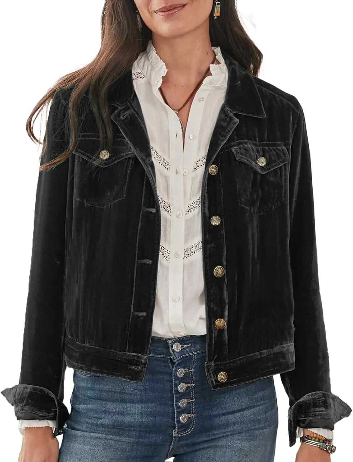 Xaspee Women's Casucal Button Down Velvet Jackets Cropped Long Sleeve Retro Denim-Style Velour Jackets